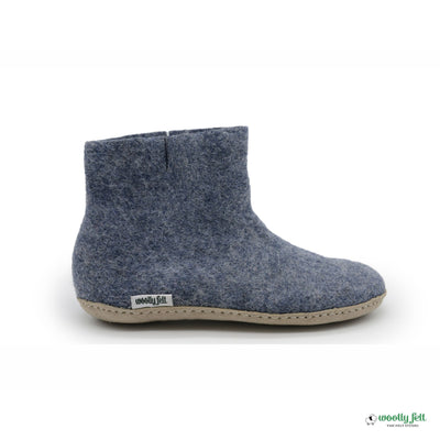 Denim Blue Handmade Wool Felt Indoor Boot with Leather Sole