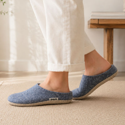 Denim Blue Handmade Wool Felt Indoor Slipper with Leather Sole