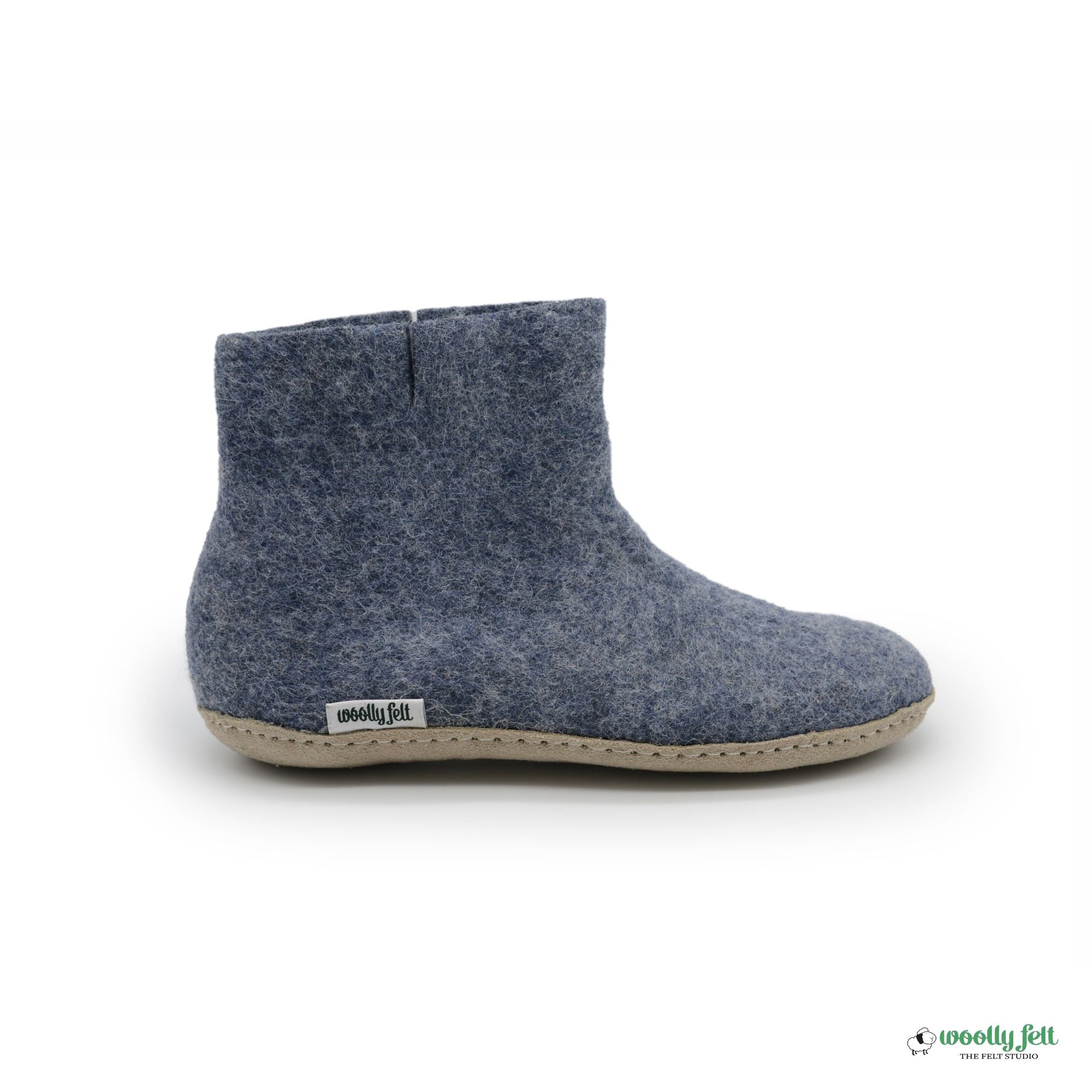 Denim Blue Handmade Wool Felt Indoor Boot with Leather Sole