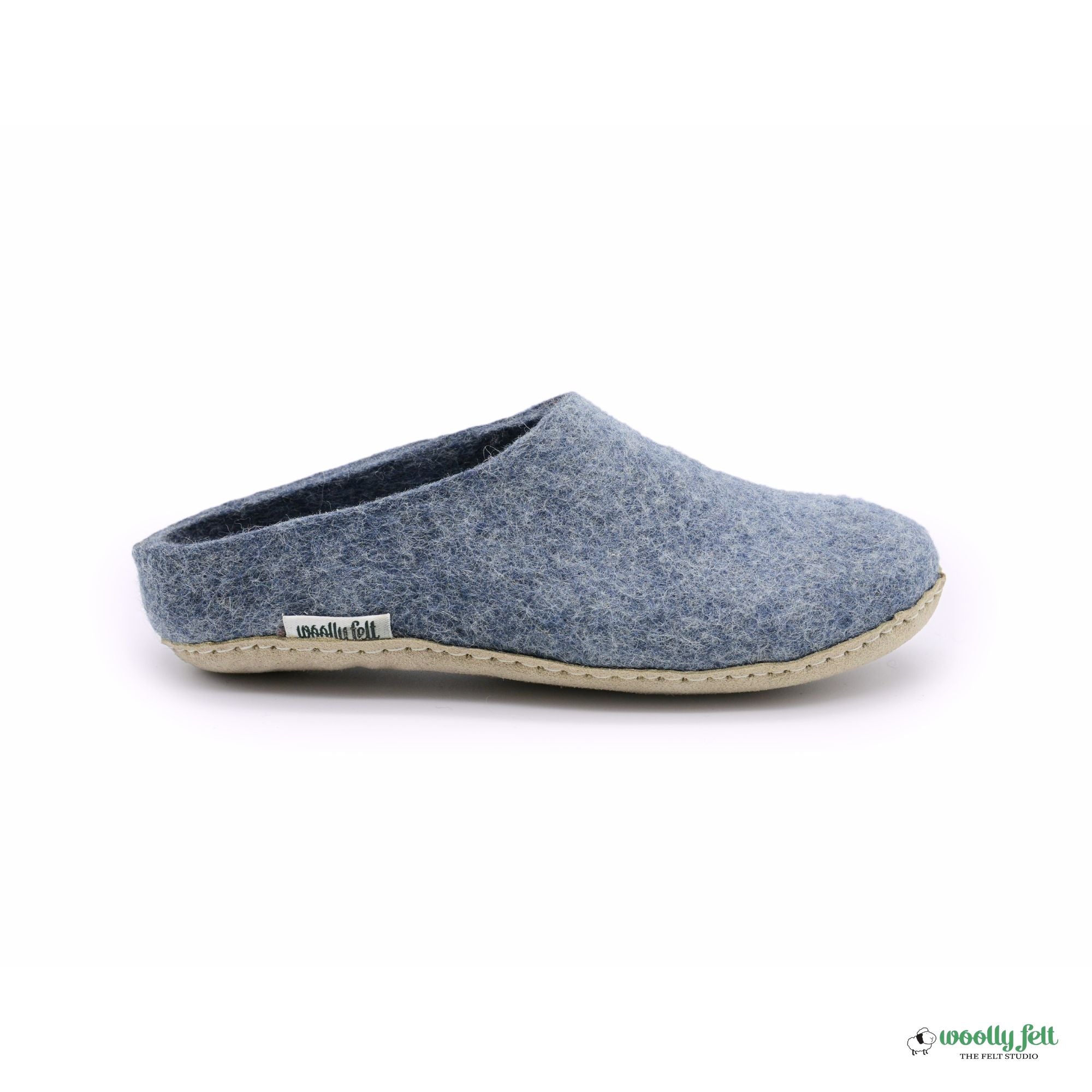 Denim Blue Handmade Wool Felt Indoor Slipper with Leather Sole