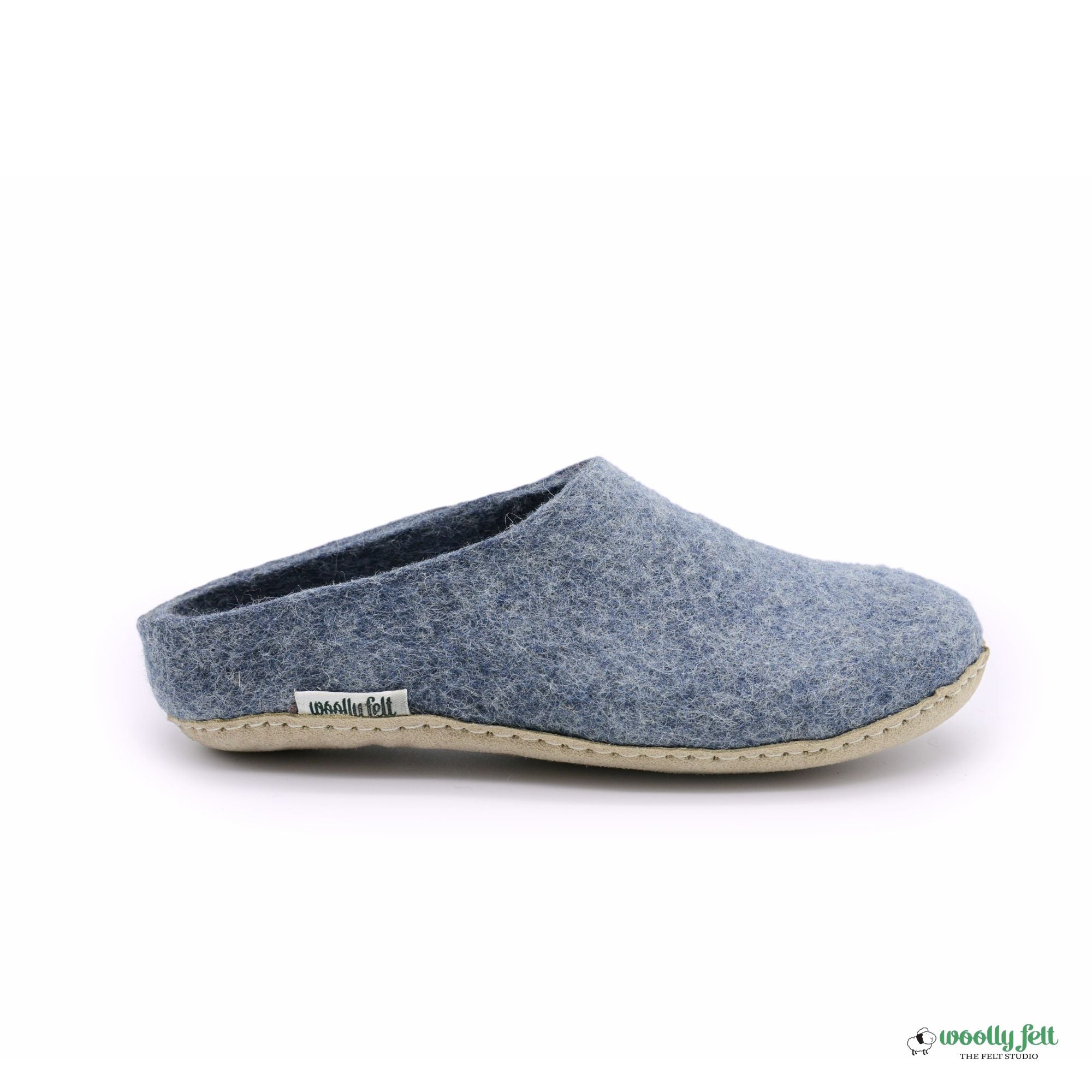 Denim Blue Handmade Wool Felt Indoor Slipper with Leather Sole