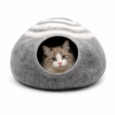 フェルト製の猫用居心地の良いペットベッド - ウール製ハンドメイド猫用コクーン