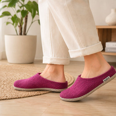 Hot Pink Handmade Wool Felt Indoor Slipper with Leather Sole