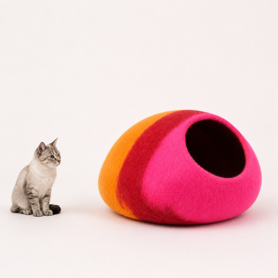 手作りレインボーウール猫用洞窟 – カラフルなフェルト猫用ベッド