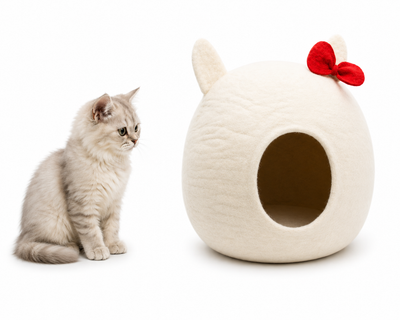 Cute White Handmade Felt Wool Cat Bed From Pure Wool- Gift For Your Cat
