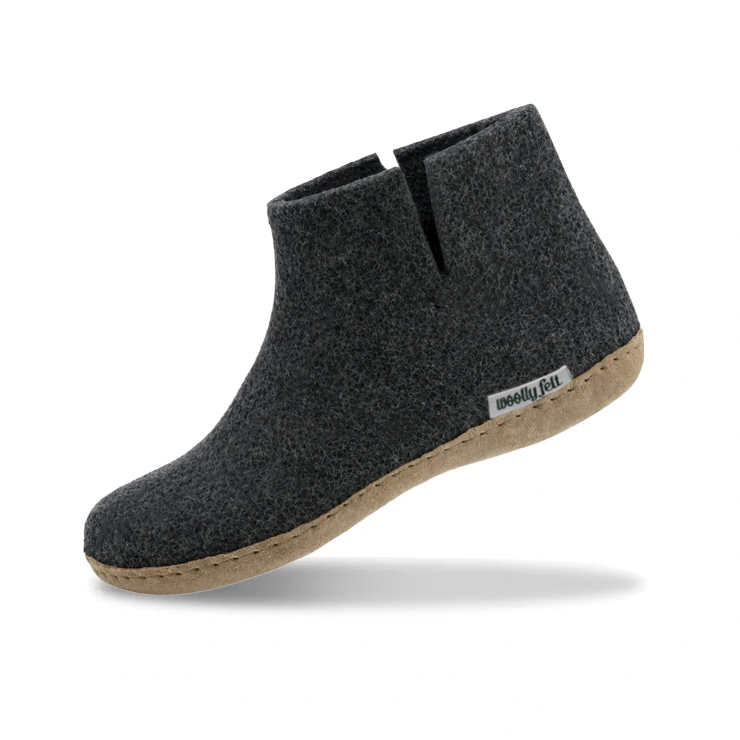 Charcoal Grey Handmade Wool Felt Indoor Boot with Leather Sole