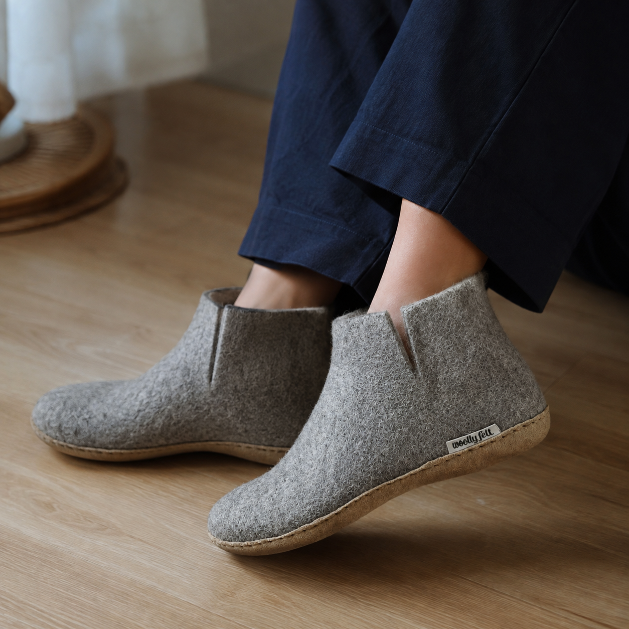 Natural Grey Handmade Wool Felt Indoor Boot with Leather Sole