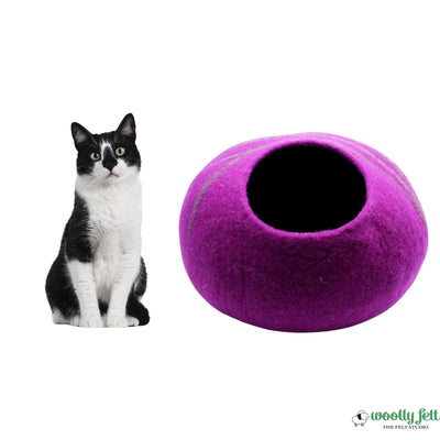 紫色毛毡猫窝 – 带棕色条纹的羊毛猫床