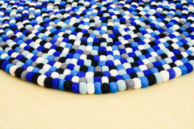 Tapis Rond Fait Main en Laine avec Boules de Feutre Mélangées Bleues