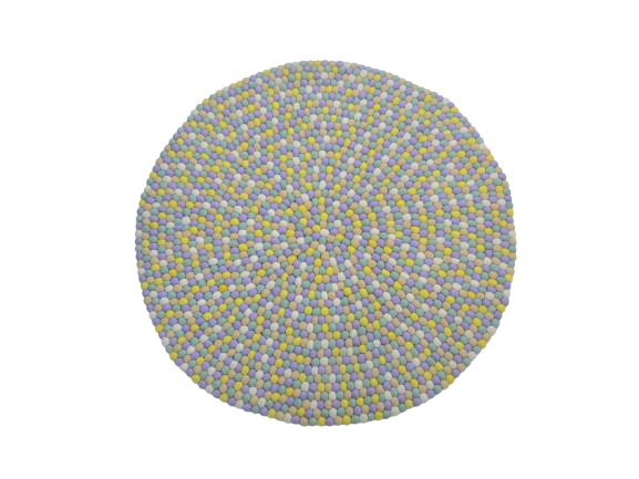 Tapis rond artisanal en feutre de laine à boules pastel