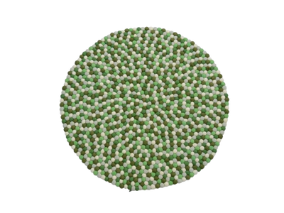 Tappeto rotondo in feltro e lana, realizzato a mano, nei toni del verde.