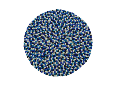 Tapis Rond Fait Main en Laine avec Boules de Feutre Mélangées Bleues