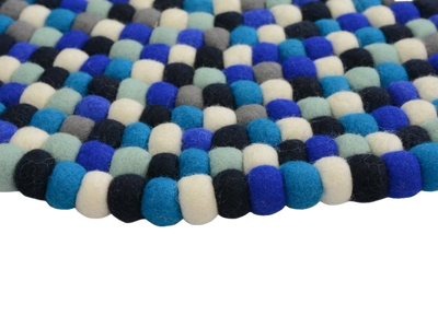 Tapis Rond Fait Main en Laine avec Boules de Feutre Mélangées Bleues