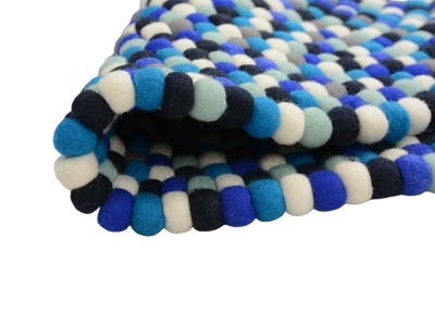 Tapis Rond Fait Main en Laine avec Boules de Feutre Mélangées Bleues