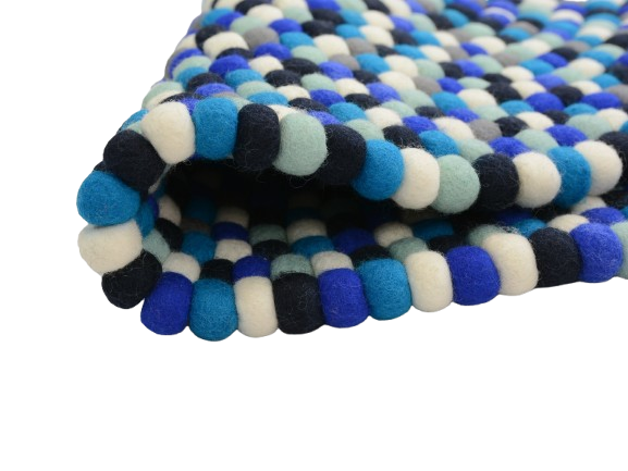 Tapis Rond Fait Main en Laine avec Boules de Feutre Mélangées Bleues