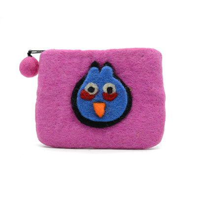 Rosa Münzgeldbörse aus Wollfilz mit blauem Angry-Bird-Motiv
