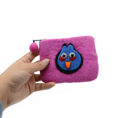 Rosa Münzgeldbörse aus Wollfilz mit blauem Angry-Bird-Motiv
