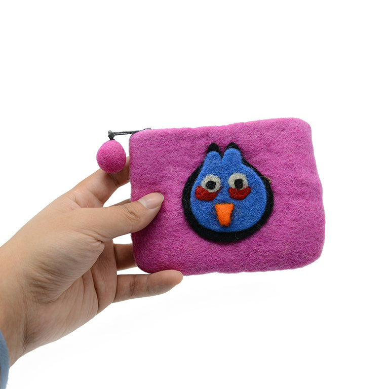 Rosa Münzgeldbörse aus Wollfilz mit blauem Angry-Bird-Motiv