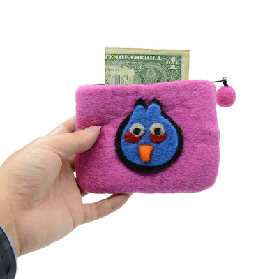 Rosa Münzgeldbörse aus Wollfilz mit blauem Angry-Bird-Motiv