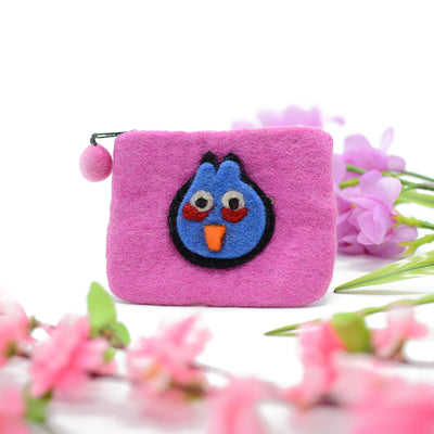 Rosa Münzgeldbörse aus Wollfilz mit blauem Angry-Bird-Motiv