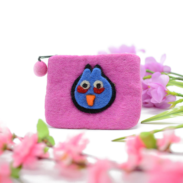 Rosa Münzgeldbörse aus Wollfilz mit blauem Angry-Bird-Motiv