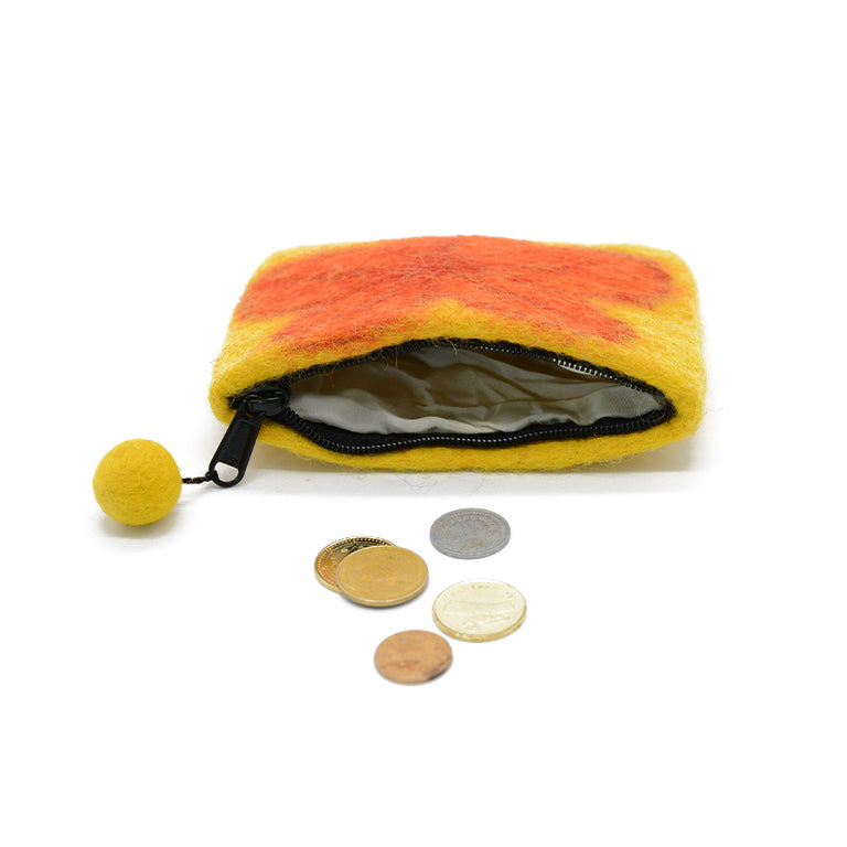 Yellow Wool Felt Coin Pouch with Orange Flower Design