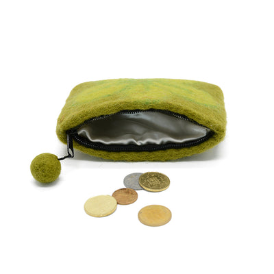 Porte-monnaie en feutre de laine vert clair à motif de feuilles abstraites