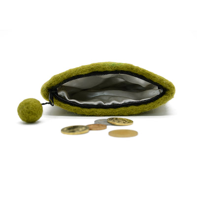 Porte-monnaie en feutre de laine vert clair à motif de feuilles abstraites