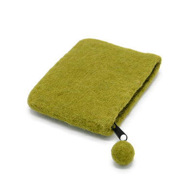 Porte-monnaie en feutre de laine vert clair à motif de feuilles abstraites