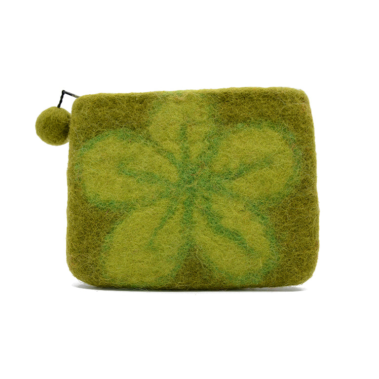 Porte-monnaie en feutre de laine vert clair à motif de feuilles abstraites