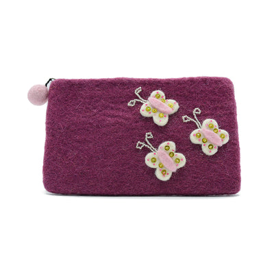 Handtasche aus lila Wollfilz mit weißer Schmetterlingsapplikation