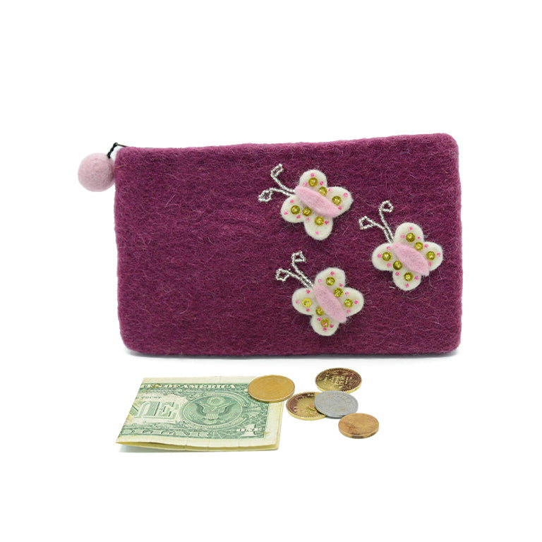 Handtasche aus lila Wollfilz mit weißer Schmetterlingsapplikation
