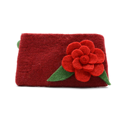 Handtasche aus bordeauxrotem Wollfilz mit rotem Rosenblütenmuster
