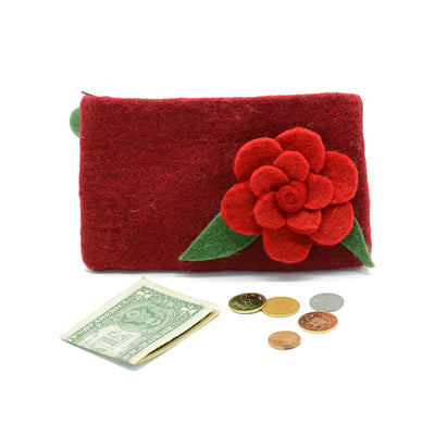 Handtasche aus bordeauxrotem Wollfilz mit rotem Rosenblütenmuster