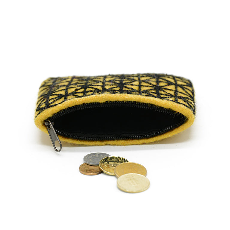 Yellow Wool Felt Coin Purse with Black Geometric Check Pattern