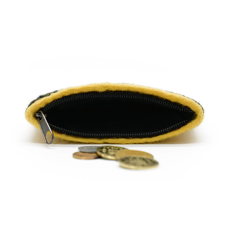 Yellow Wool Felt Coin Purse with Black Geometric Check Pattern
