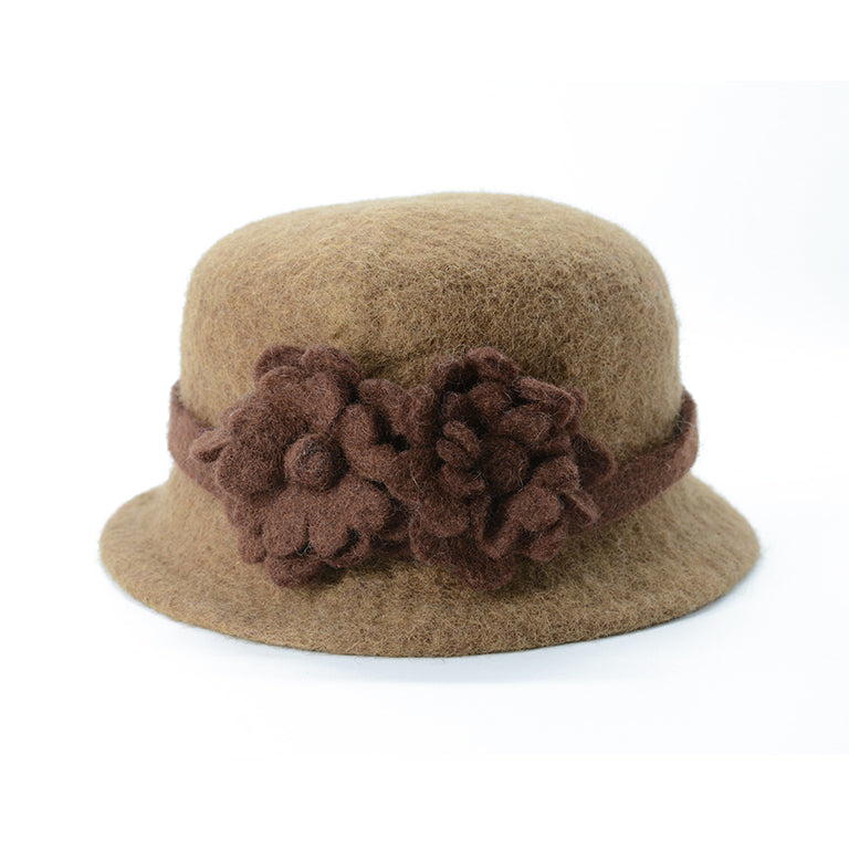 Chapeau unique en feutre de laine marron avec fleur décorative