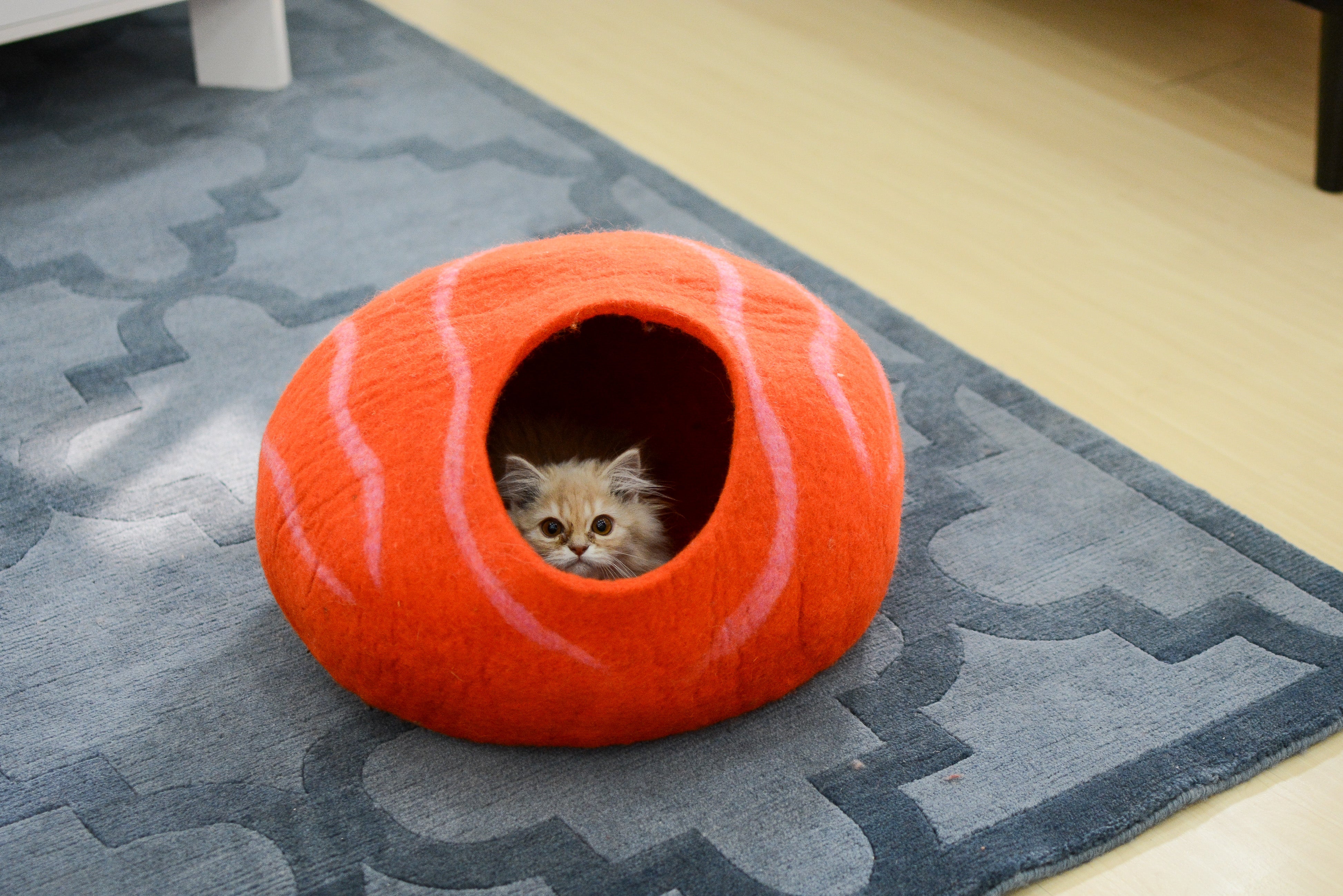 Handgefertigtes Katzenbett aus Wolle mit orangefarbenem Blumenmuster aus Filz