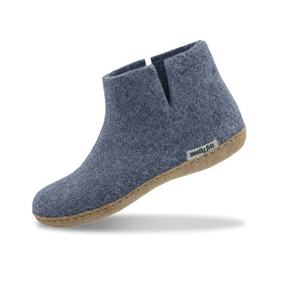 Denim Blue Handmade Wool Felt Indoor Boot with Leather Sole