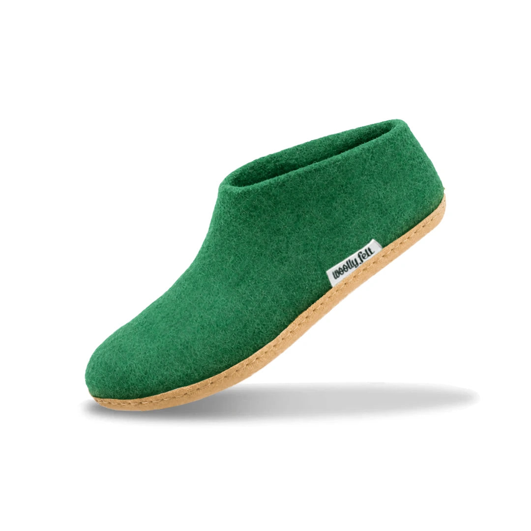 Forest Green Handmade Wool Felt Indoor Shoes with Leather Sole