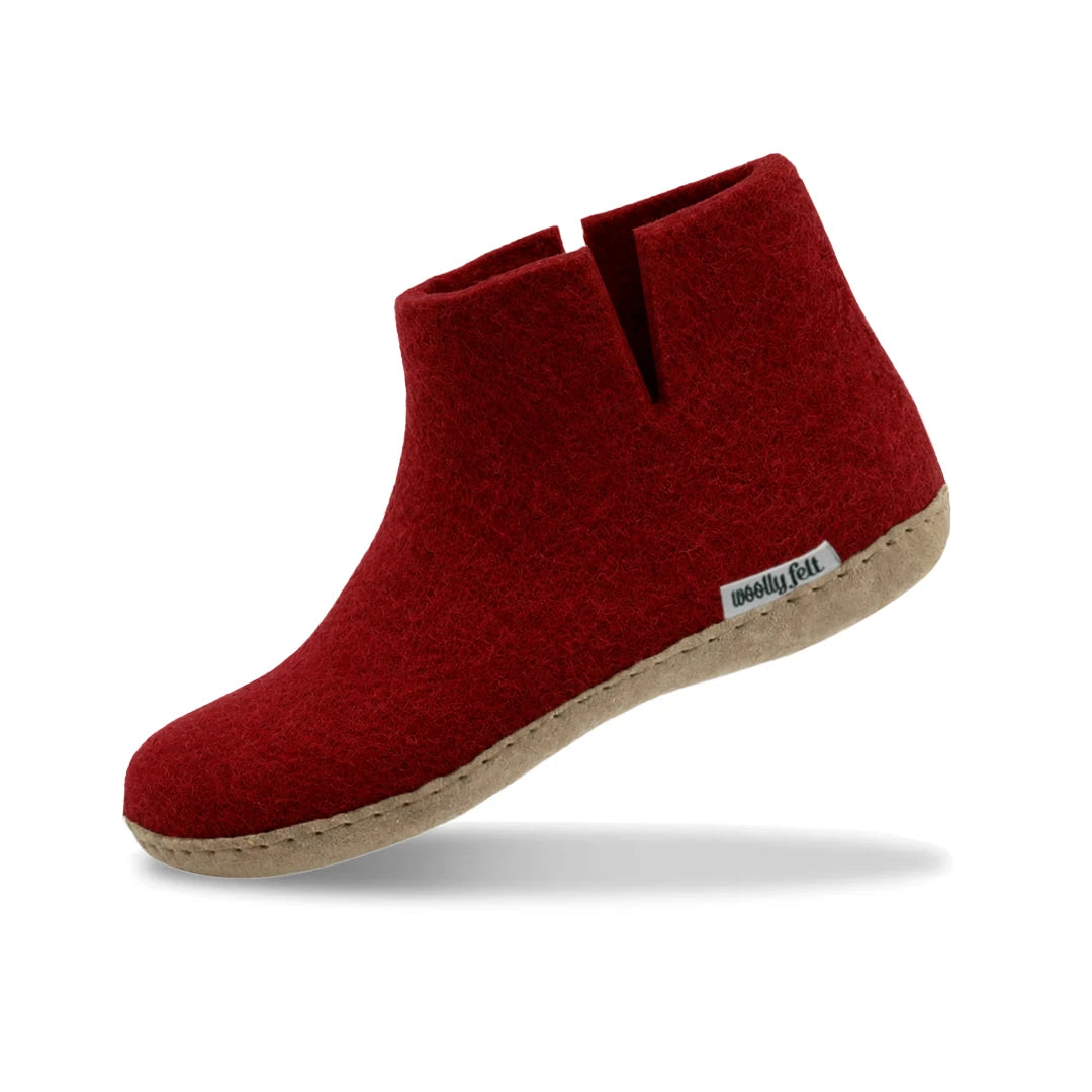 Maroon Handmade Wool Felt Indoor Boot with Leather Sole