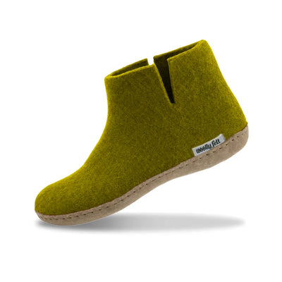 Olive Green Handmade Wool Felt Indoor Boot with Leather Sole