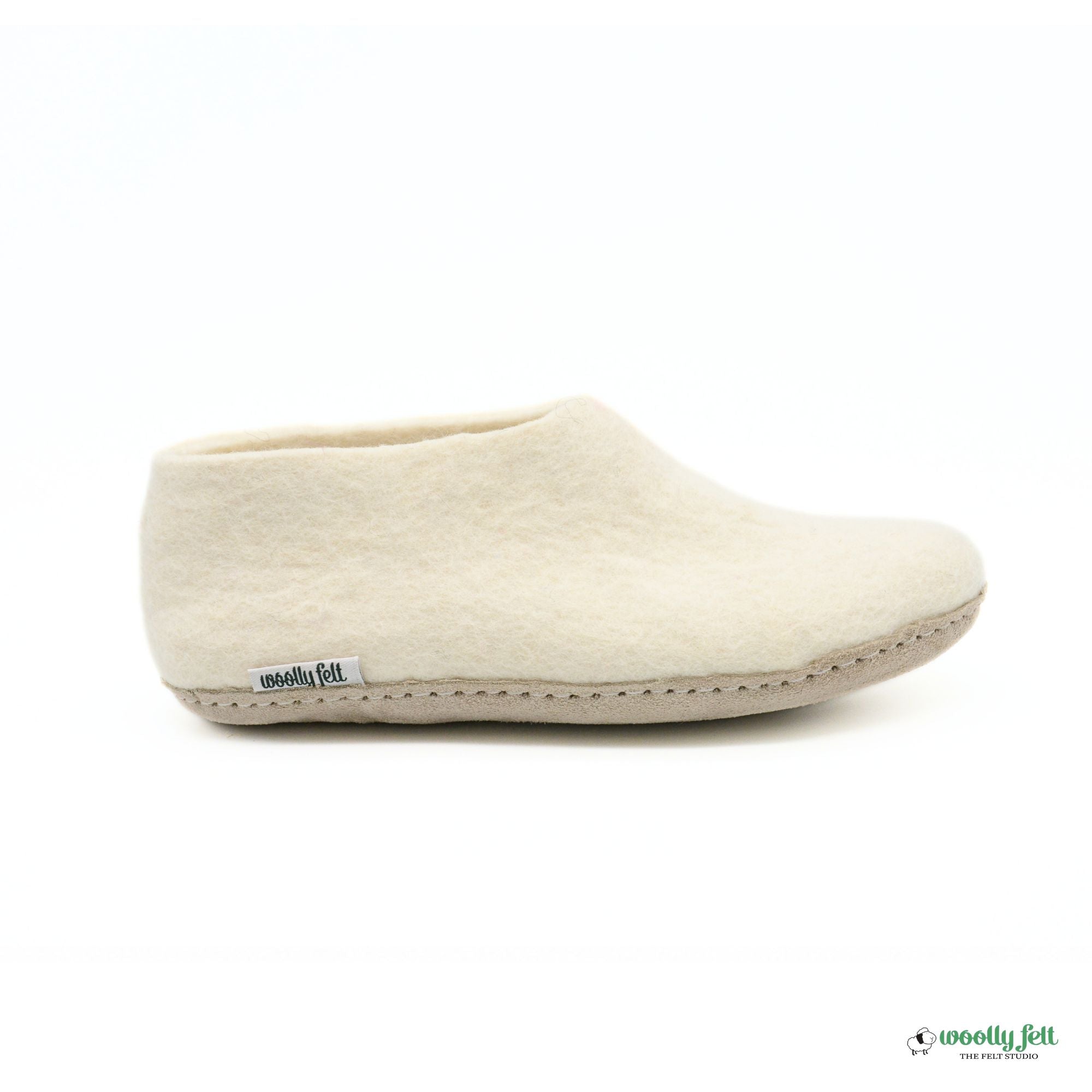 White Handmade Wool Felt Indoor Shoes with Leather Sole