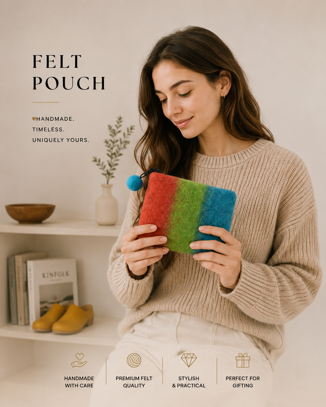 Rainbow Stripe Wool Felt Coin Pouch with Zipper
