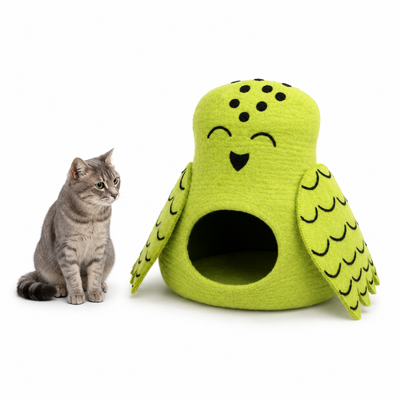 手工毛毡猫头鹰猫窝 – 羊毛猫咪保暖套，浅绿色