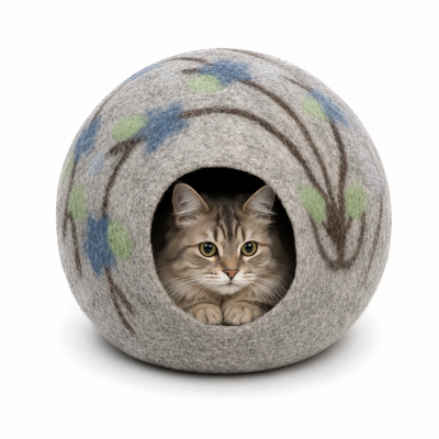 Handmade Felt Cat Cave – Gray Wool Pet Bed, Nepal