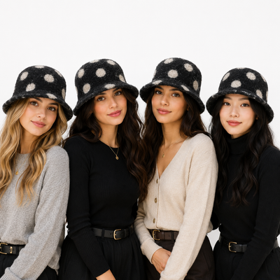 Chapeau en feutre de laine noire à motif pois blancs