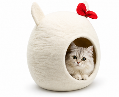 Cute White Handmade Felt Wool Cat Bed From Pure Wool- Gift For Your Cat