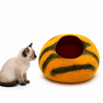 Felt Cat Cave – Tiger Stripe Wool Pet Bed, Handmade in Nepal