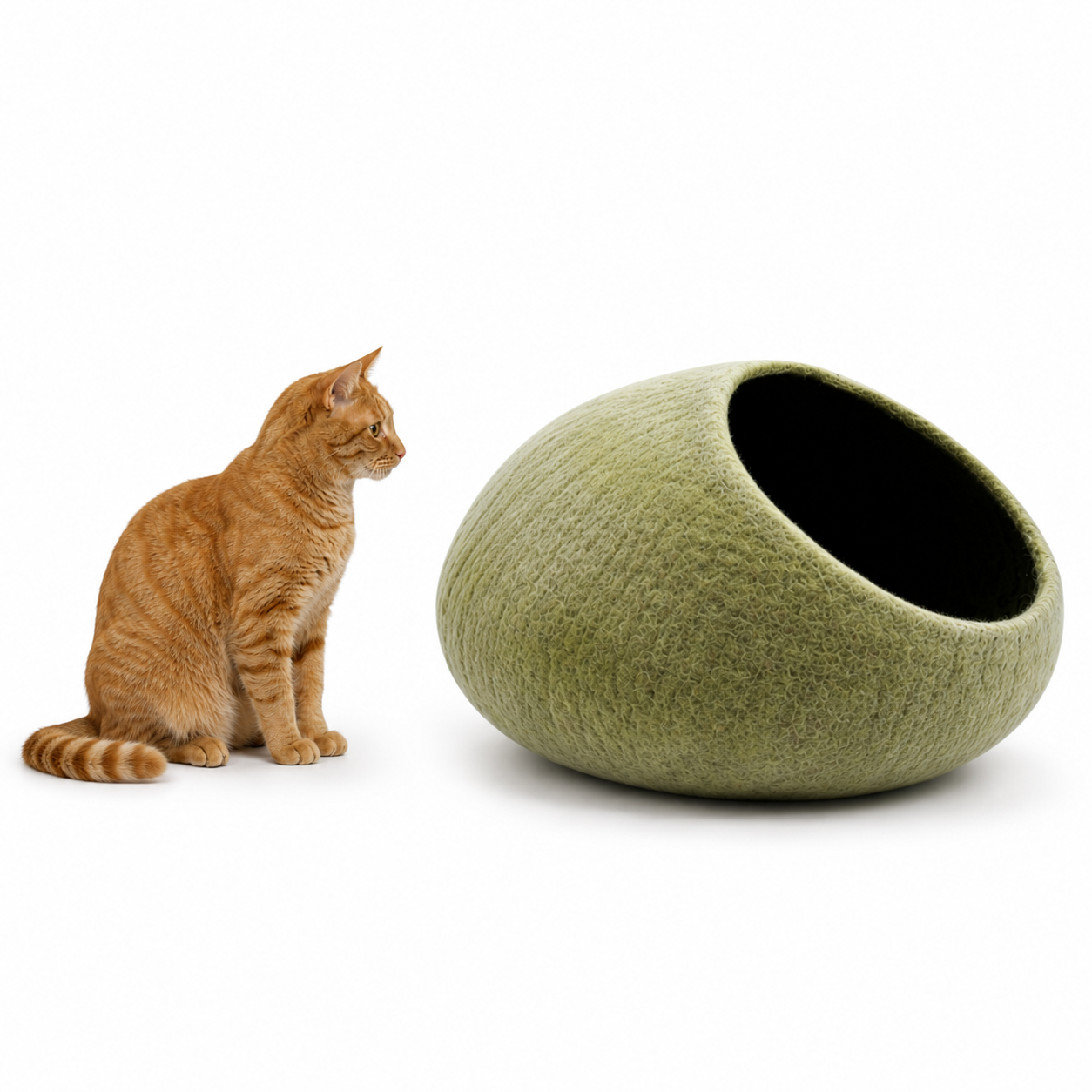 Wide Opening Felt Cat Cave Off White Olive Wool Cat Bed